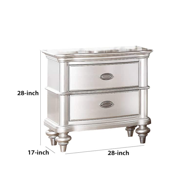 28 Inches 2 Drawer Wooden Nightstand with Turned Legs, Silver