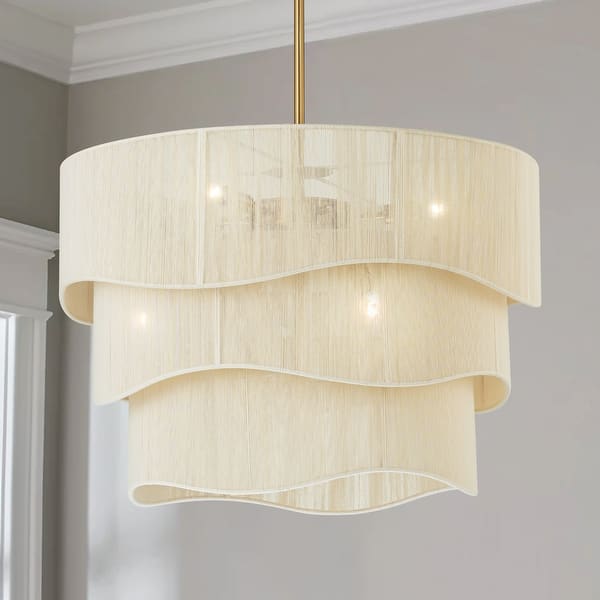 Modern Pleated Pendant Light – 50cm Scalloped White Fabric Chandelier With Wood Accents, Mid-Century Style For Dining Room, Kitchen Island, Bedroom
