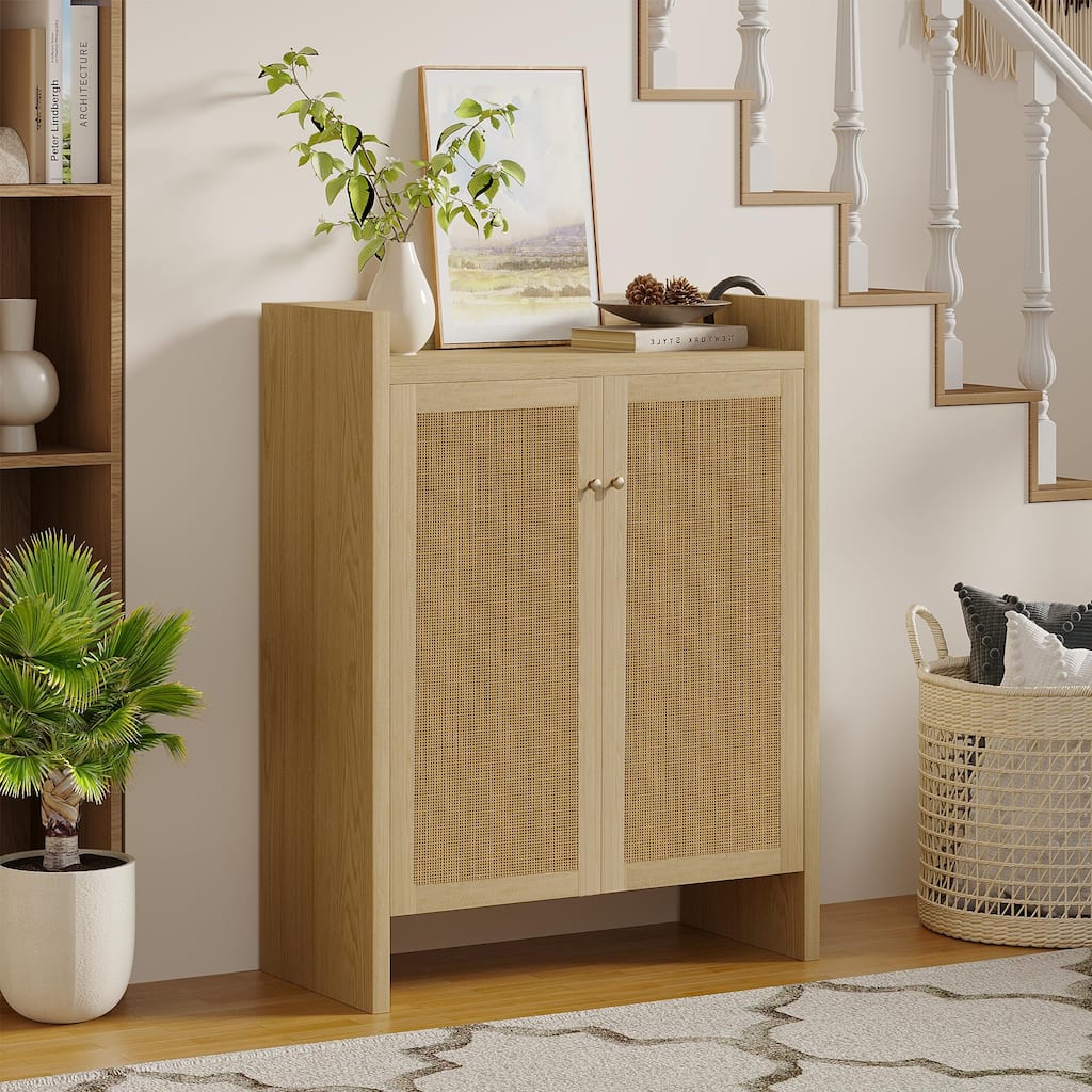 Anmytek Walnut Rattan Shoe Cabinet with Doors and 6 Tier Adjustable Shelves Wooden Entryway Shoe Organizer