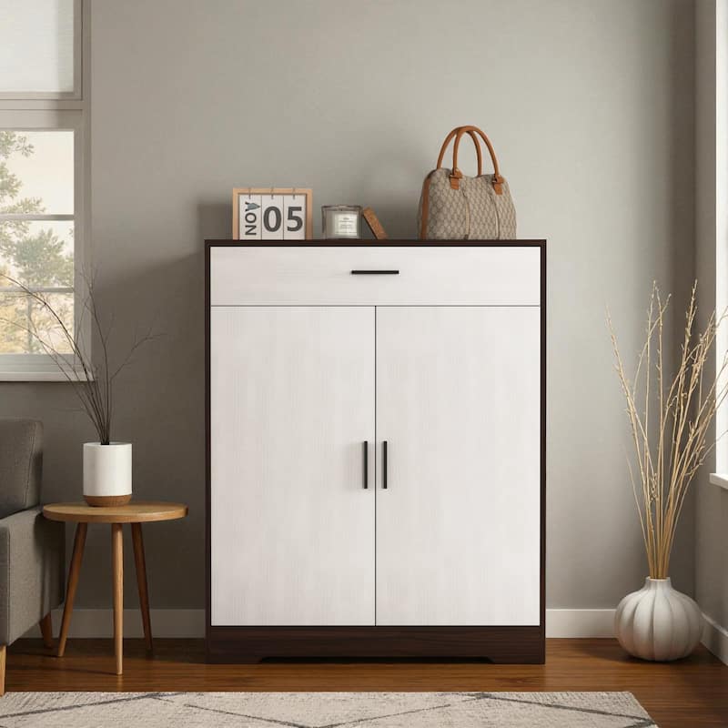 31.5" 4-Tier Wooden Shoe Storage Cabinet with Drawer, Freestanding Shoe Organizer with Adjustable Shelves for Entryway - Walnut