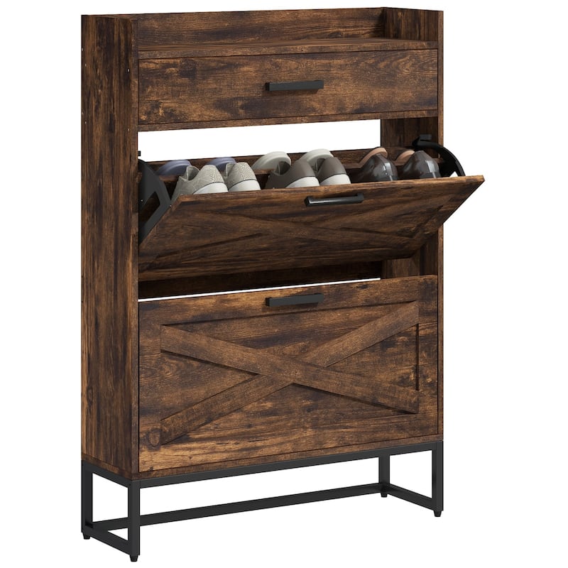 HOMCOM 2 Flip Drawers Shoe Storage Cabinet with Adjustable Shelves, and Top Drawer