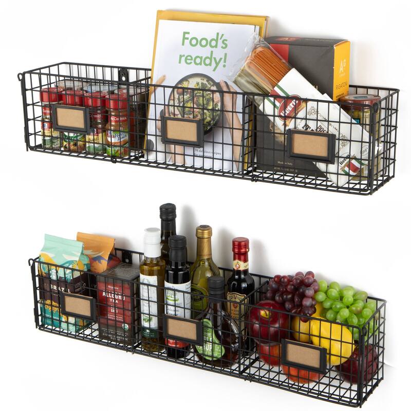 Metal Wall Basket, 3 Sectional Wall Organizer Rack, Set of 2, Black