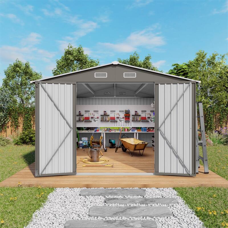 10x12FT Outdoor Storage Shed Large Metal Garden Shed with Double Door
