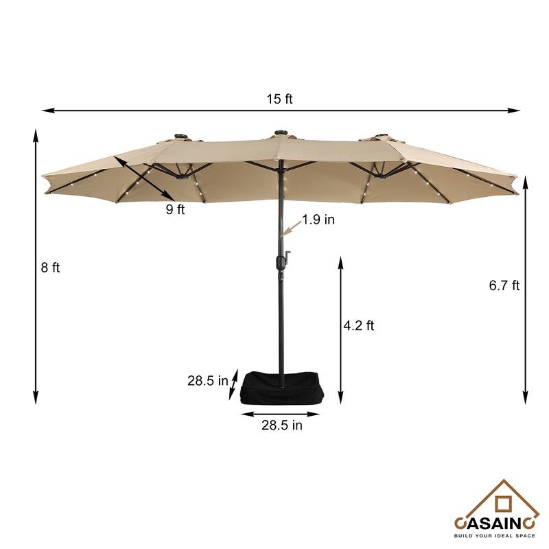 15-ft. Rectangular Crank Double-sided Outdoor Market Umbrella Solar LED Lighted Patio Umbrella with Base Included