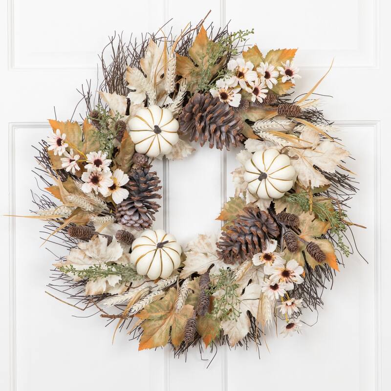Pumpkin Wheat and Pinecone Artificial Floral Fall Harvest Wreath - 24"