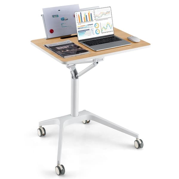 slide 2 of 10, Gymax Pneumatic Standing Desk Rolling Adjustable Laptop Cart Podium Natural