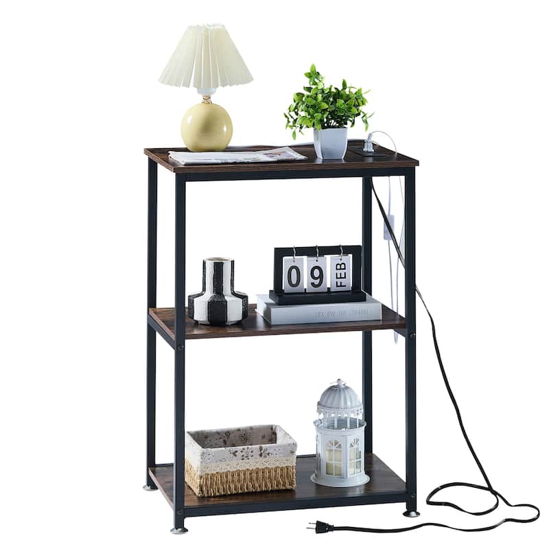 VECELO Industrial Nightstand with Charging Station 3-Tier End Table Bedside Table Black Steel Frame for Small Spaces
