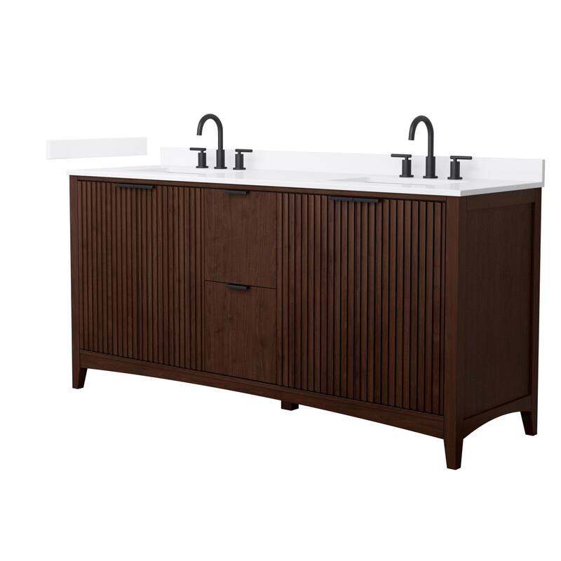 Wyndham Collection WCF9191-72D-QTZ-US3MXX Palmilla 72" Free Standing - Dark Walnut / White Quartz Top / Matte Black