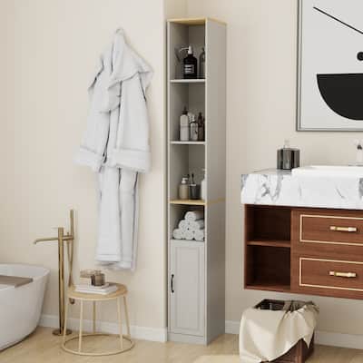 72"Tall Slim Storage Cabinet, 6-Tier Narrow Freestanding Cabinet with 1 Door and 2 Adjustable Shelves, Bookcase Display Shelves