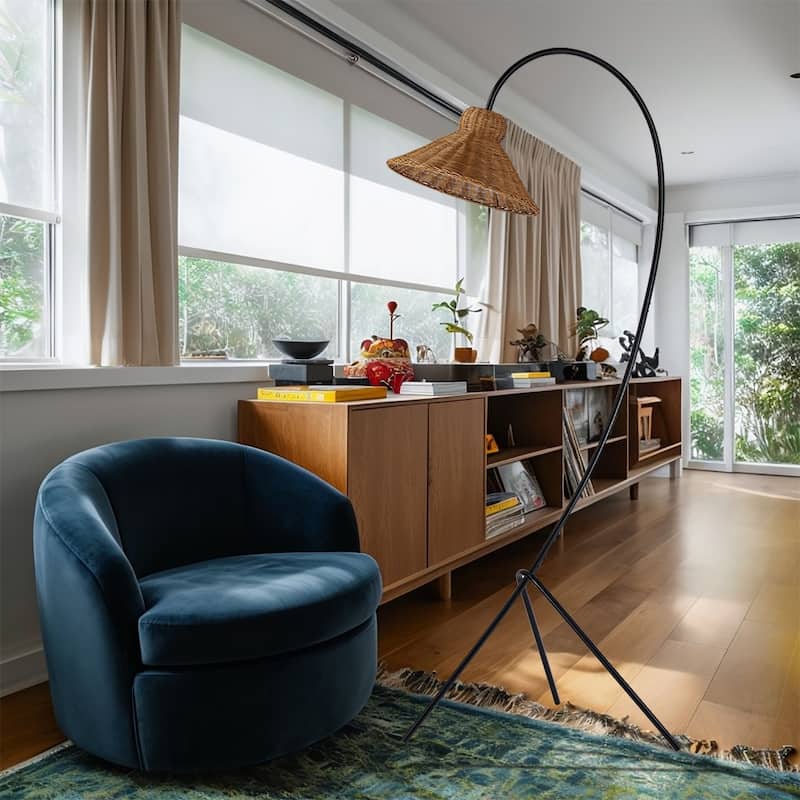 Novelty Black Metal Arc Floor Lamp with Rattan Woven Shade - N/A