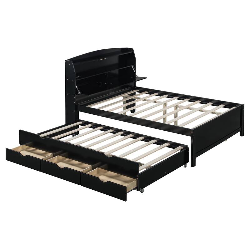 Full Size Platform Bed with Bookcase Headboard & USB Ports Outlets, Wooden Storage LED Bed Frame with Trundle & Storage Drawers