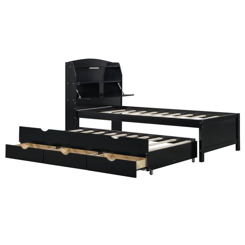Twin Size Espresso Wooden Bed with LED Night Light, Trundle, and Under-Bed Storage Drawers
