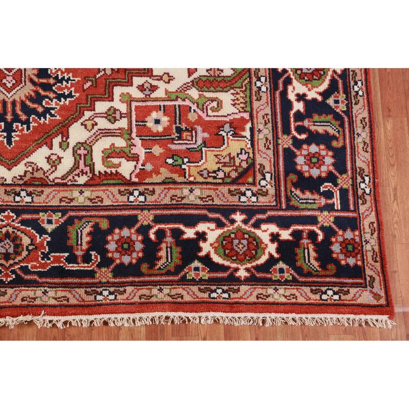 Hand Knotted Oriental 100% Wool Carpet Traditional Medallion Oranges & Rust Heriz (serapi) Area Rug - 9' 11'' X 8' 1''