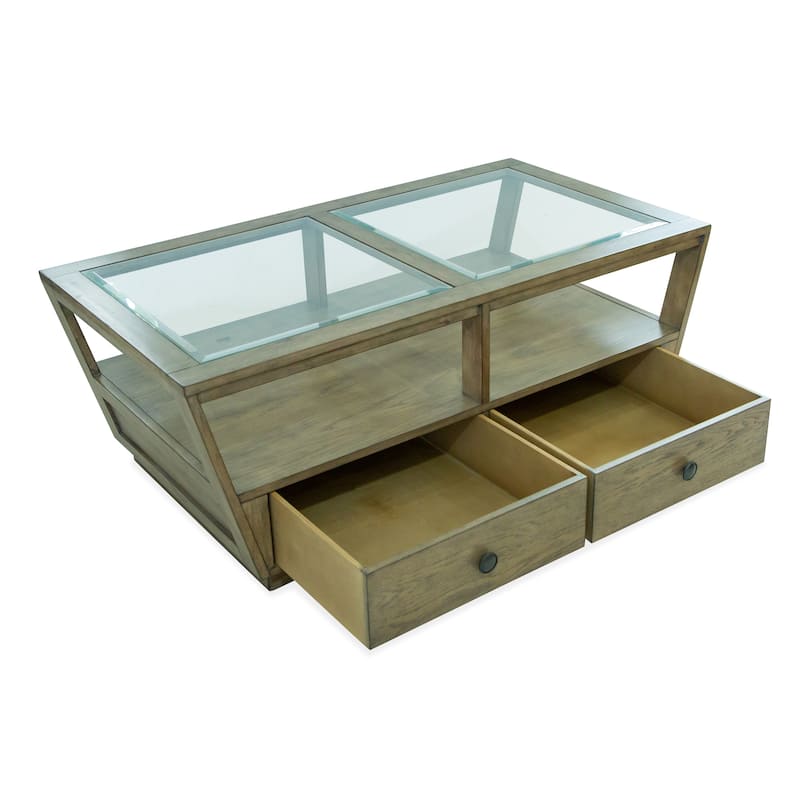Magnussen Home Hardison Warm Stone And Clear Glass Rectangular Cocktail Table With Casters - 48''W x 26''D x 18.63''H