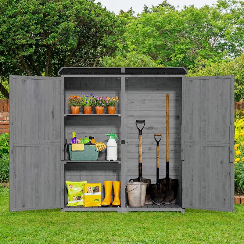 Outdoor Storage Cabinet with 3 Shelves, Wooden Garden Shed with Waterproof Roof