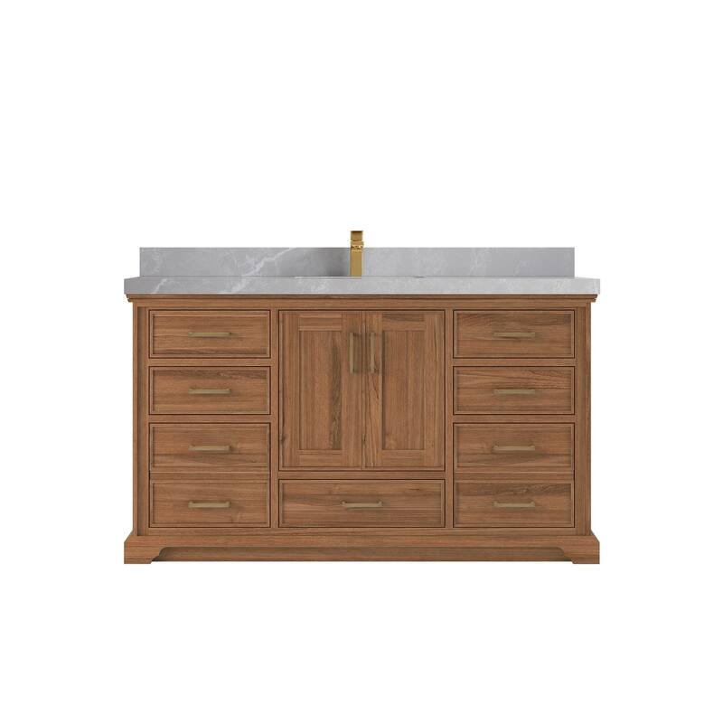 Willow Collections 60 in. W x 22 in. D Charlotte Teak Single Sink Bathroom Solid Teak Vanity with Countertop - 2”Pearl Gray - Dark Natural
