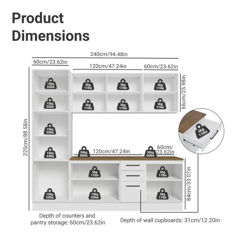 Madesa Hazel Kitchen Set 94"L Multiple Compartments - White