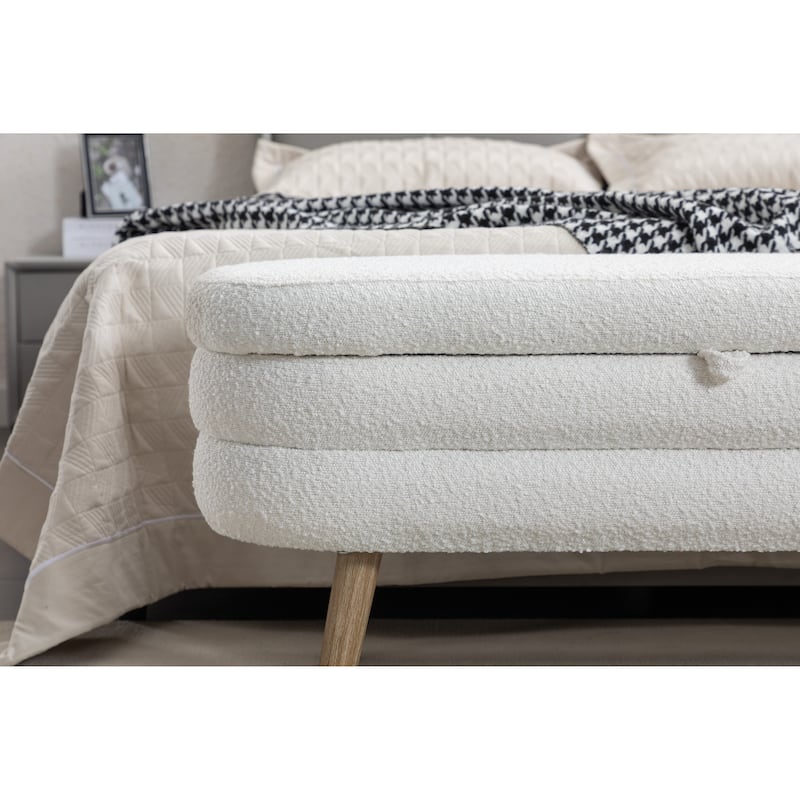 44.8" Storage Bench with 300lb Seating, Boucle Fabric Bed Bench with Wood Legs Safety Hinge