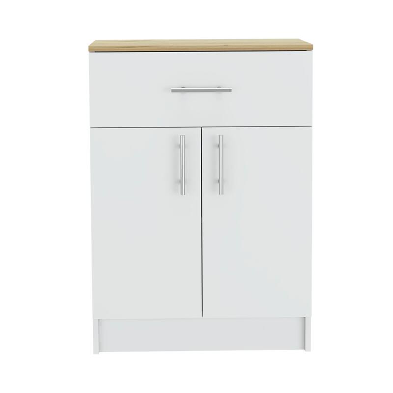 2 Piece Kitchen Set, Kitchen Island Table + Pantry Cabinet, White / Light Oak