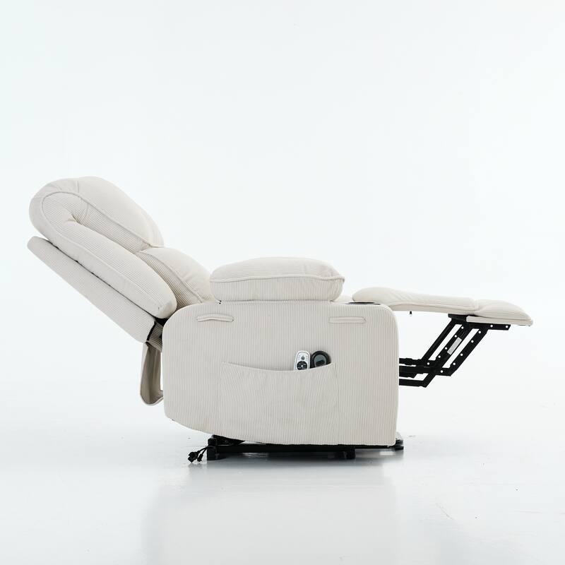 Corduroy Power Lift Recliner Chair with Heating & Massage, Heavy Duty Reclining Sofa with 2 Cup Holders & Side Pockets