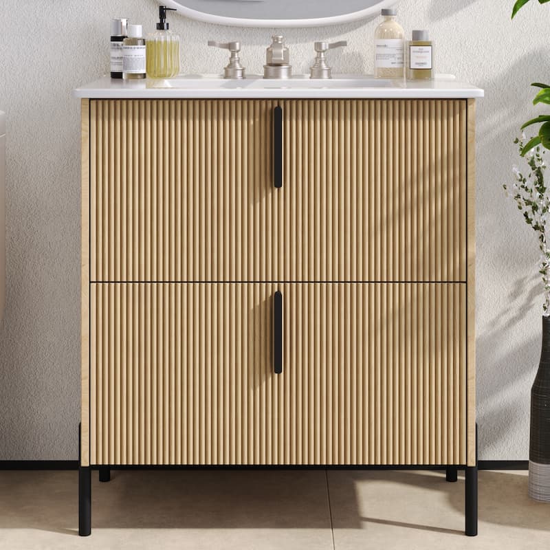 30" Fluted Bathroom Vanity with Ceramic Sink - Soft-Close Full-Extension Drawers