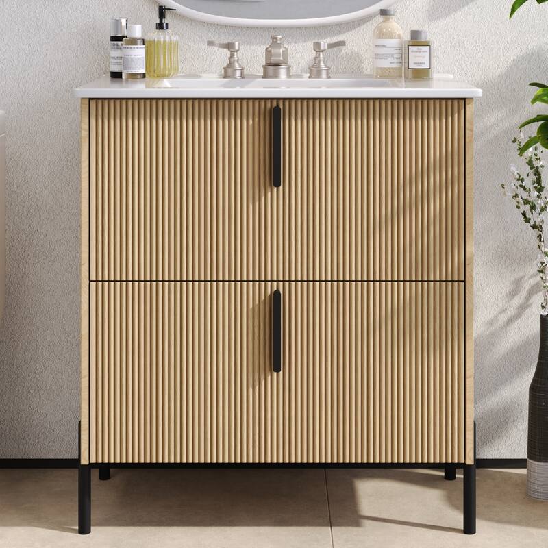 30-Inch Bathroom Vanity with a Ceramic Sink, Full-Extension Drawers, Soft-Close Undermount Slides, and a Fluted Design. -  Natural