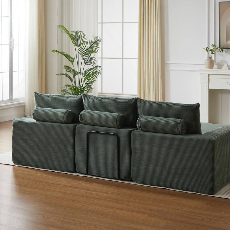Roomfitters 99" L-Shaped Corduroy Upholstered Sectional Sofa, Modern 3-Seater Sectional Couch with Pillows, Living Room, Green