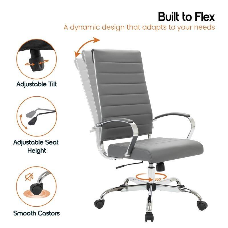 Benmar High-Back Leather Office Desk Chair in Stainless Steel Frame Adjustable Height Tilt Lock 360 Swivel Ergonomic Chair