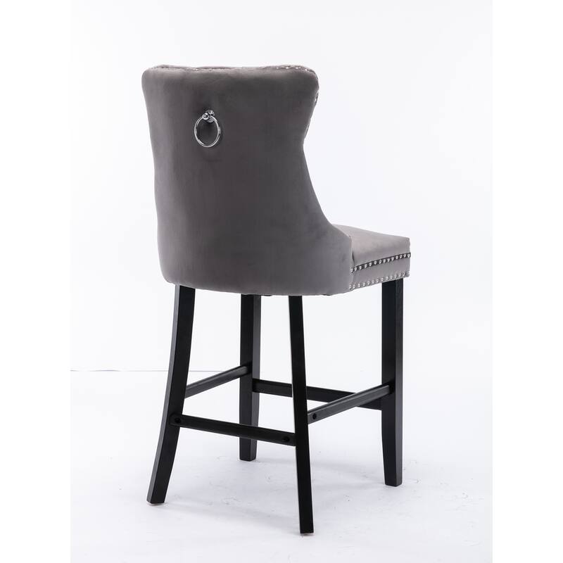 Contemporary Velvet Barstools Set of 2 with Button Tufting, Wood Legs & Chrome Nailhead Trim - Leisure Style Bar Chairs, Gray