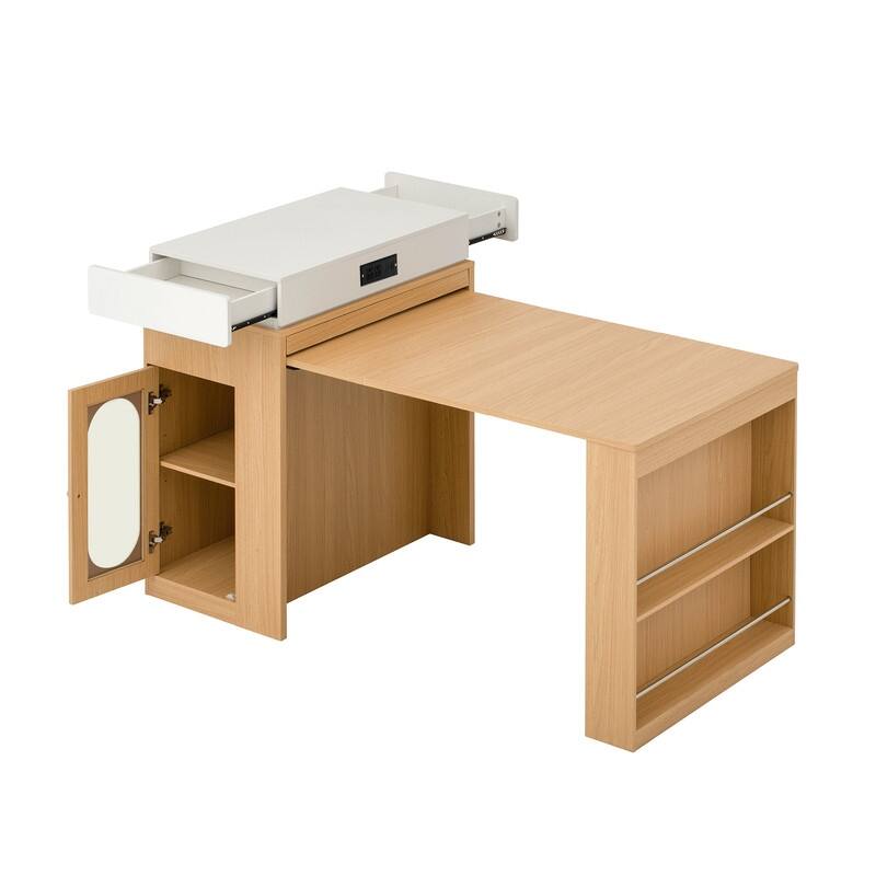 57.7" Kitchen Island with Extendable Top on Wheels, Kitchen Dining Table, Bar Table with Drawers and Power Outlet