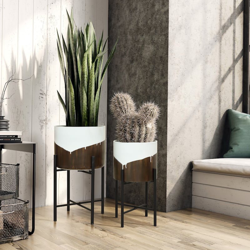 2-Piece White and Brown Metal Cachepot Planters Set with Black Stands