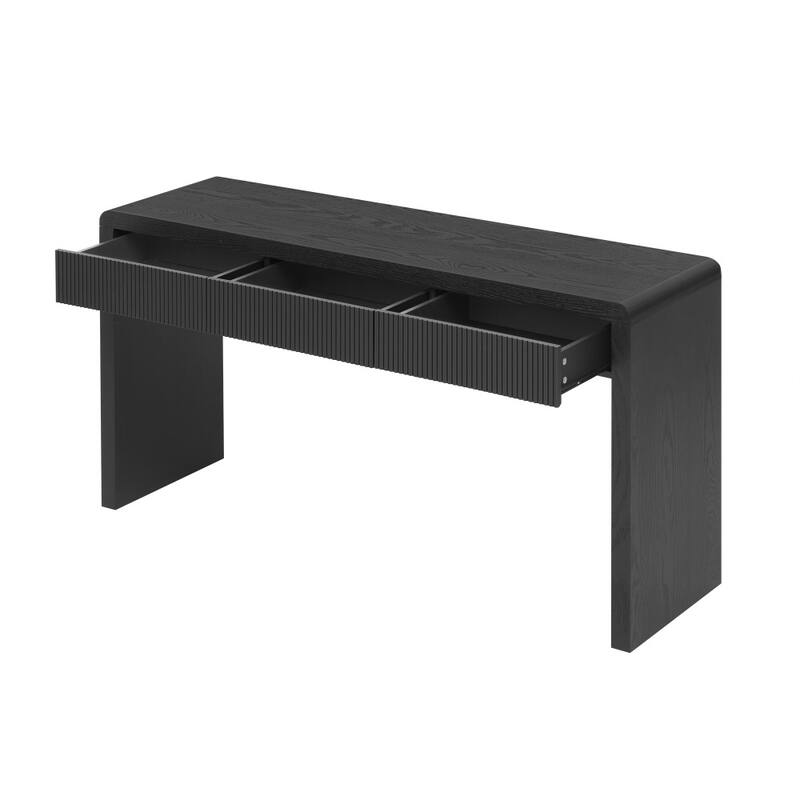 Rustic Solid Wood Console Table with 3 Fluted Drawers and Natural Wood Grain