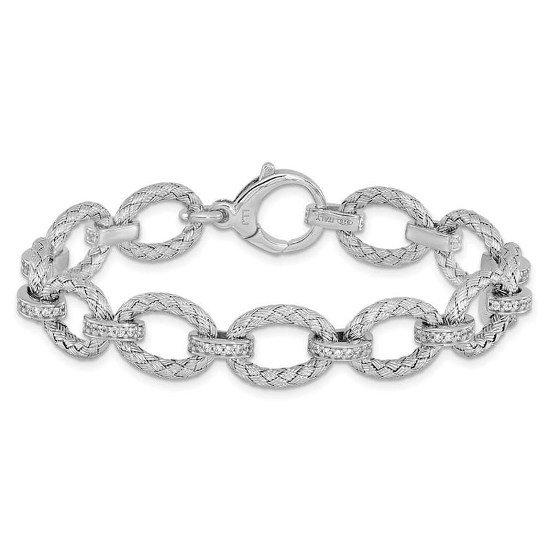 Curata 11mm 925 Sterling Silver Polished Rhodium Plated CZ Cubic Zirconia Simulated Diamond Woven Link Bracelet 7.25 Inch