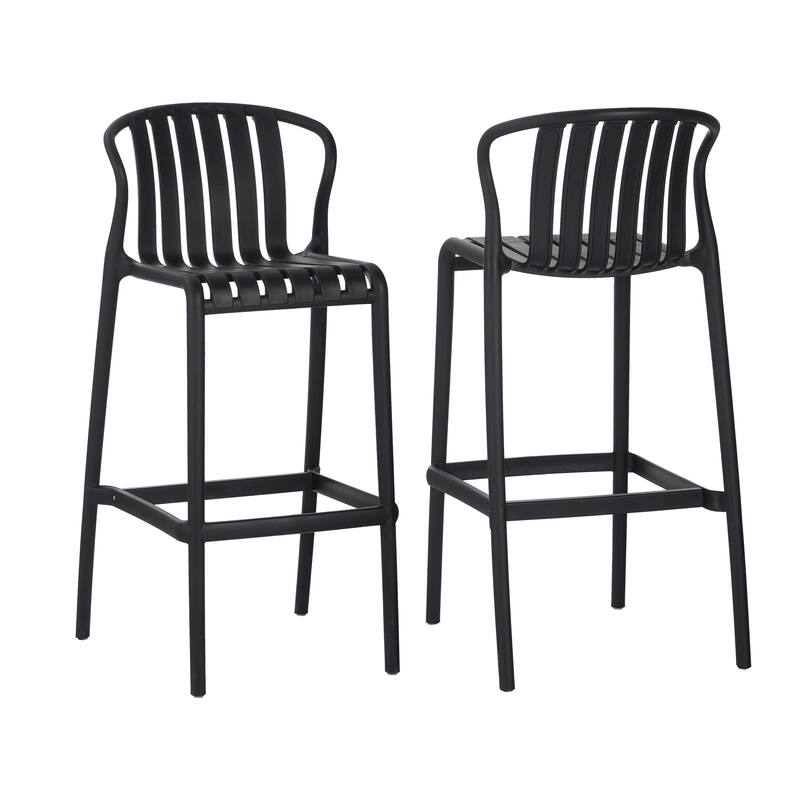 Set of 2 All-Weather Outdoor Bar Stools, 29.5"H Black Perforated Slat Back - Patio, Poolside & Kitchen Island