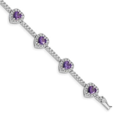Curata 925 Sterling Silver Polished Safety bar Box Catch Closure Amethyst and Clear CZ Cubic Zirconia Simulated Diamond Love
