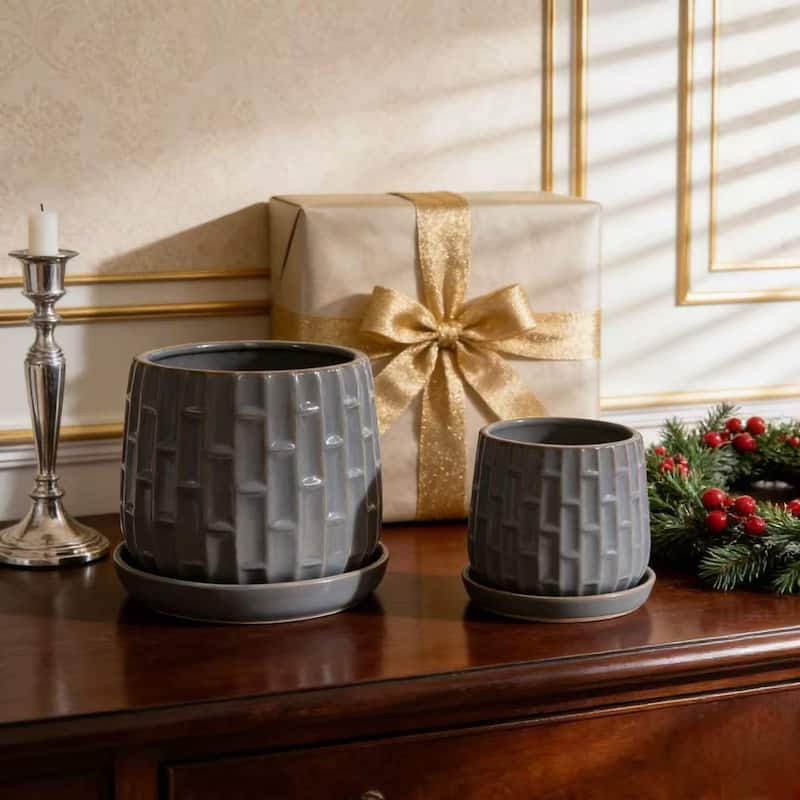 Set of 2 Handmade Ceramic Planters, Includes Saucers, Vertical Ribbed