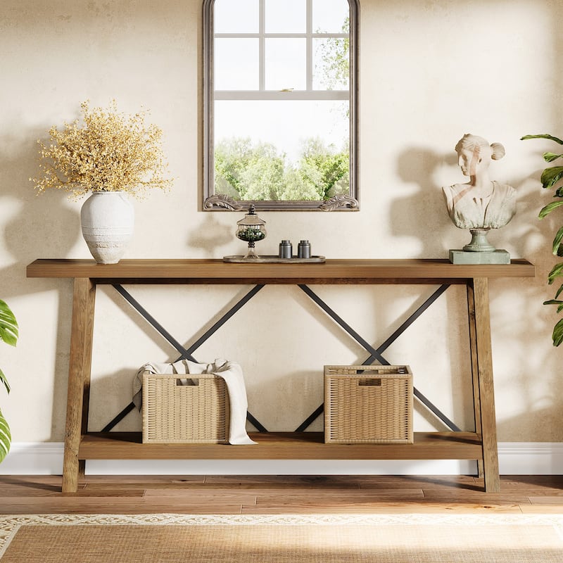 70.9" Long Farmhouse 2-tier Console Table for Entryway - 11.81"D x 70.9"W x 31.5"H - Brown
