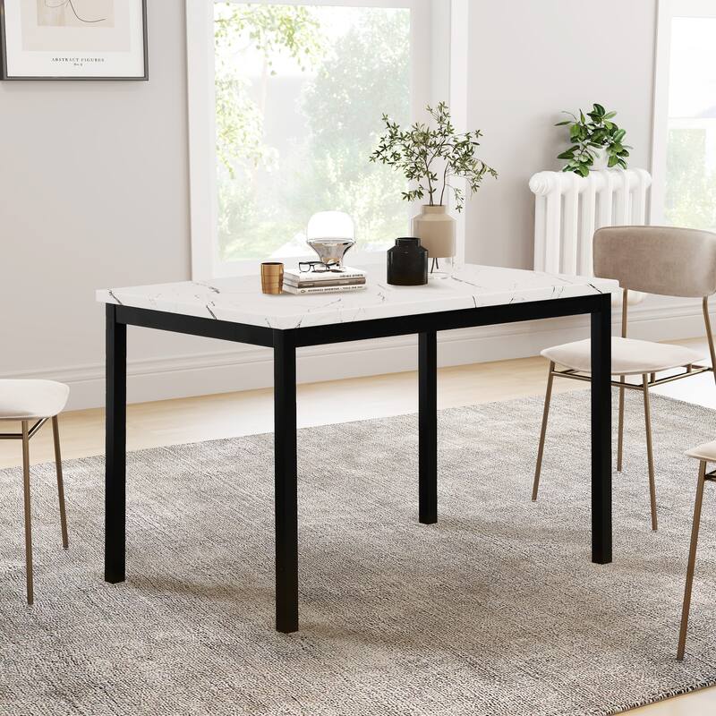 Roundhill Furniture Noyes Metal Dining Table with Laminated Faux Marble Top - Off White