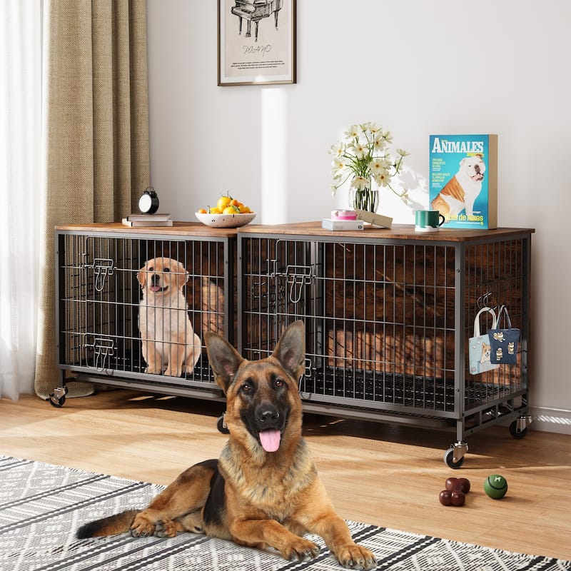 Dog Crate Furniture with Double Doors, Cage with Wheels and Tray