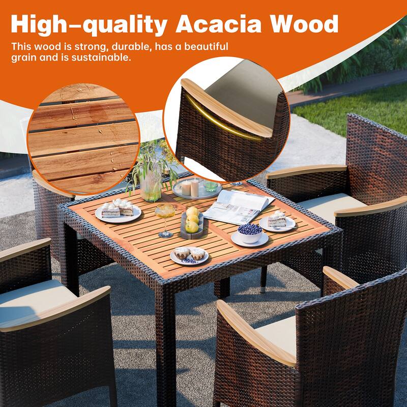 5-Piece Outdoor Wicker Dining Set with Wood Desktop Table and Chairs - N/A