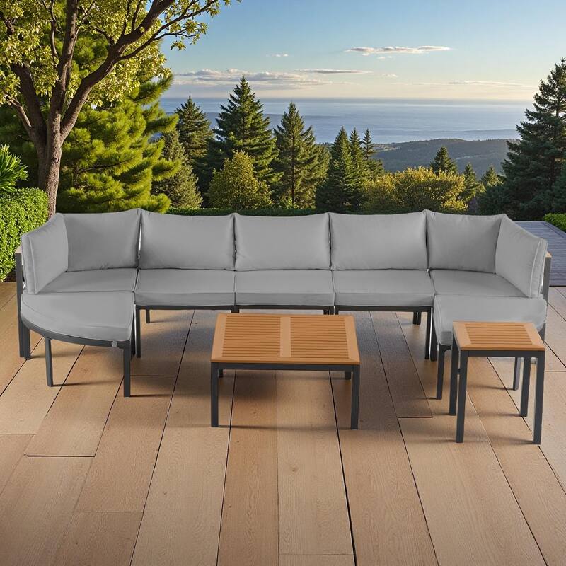 Outdoor Modular Sectional Sofa Set with Coffee Table, Ottoman, Cushions - Grey