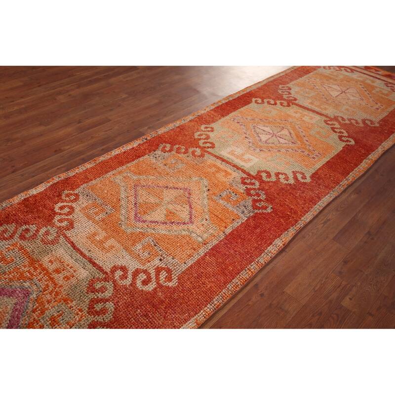 Orange Oushak Turkish Vintage Runner Rug Handmade Wool Carpet - 3'1"x 10'11"