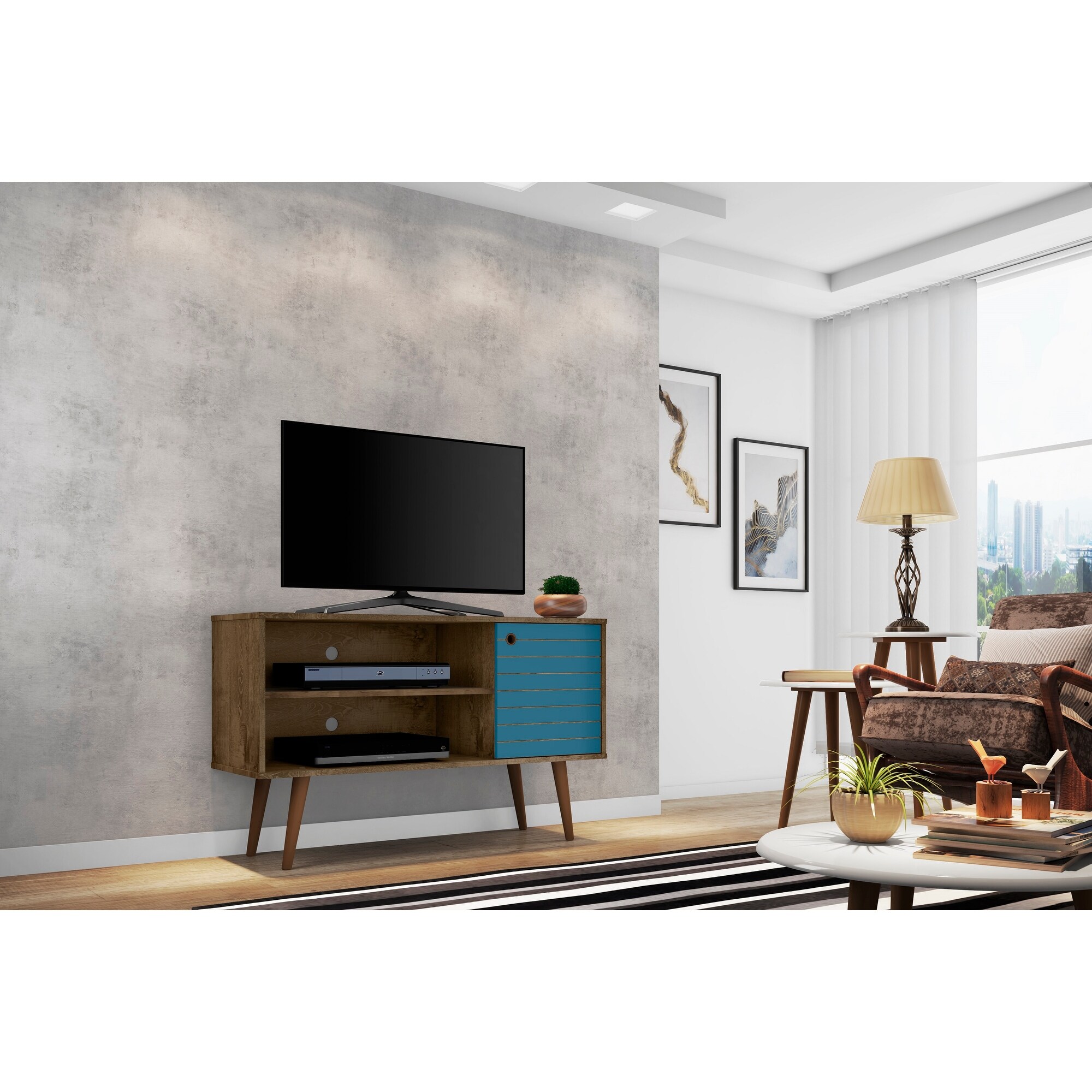 43 Inch TV Stand Rustic Brown Natural Finish Media Storage