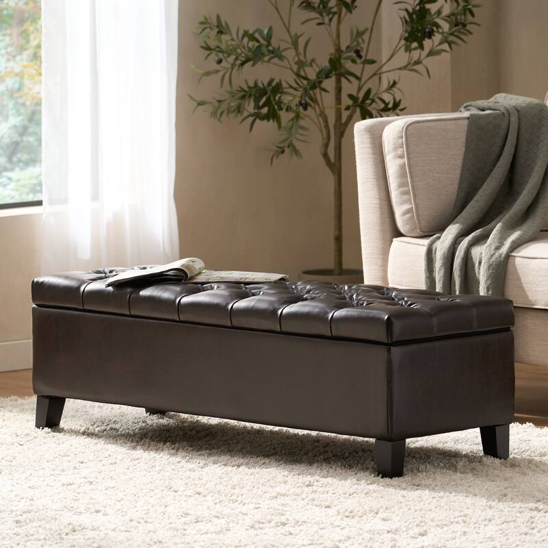 Brown PU Leather Storage Ottoman Bench - Contemporary Style, Large Storage Space
