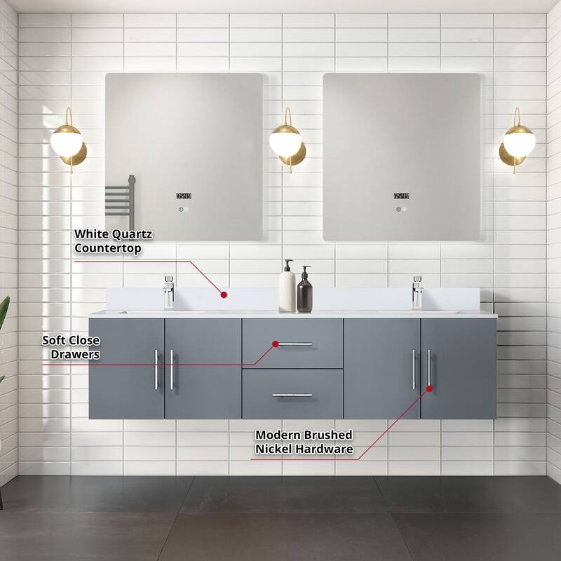 Geneva 72 in. W x 22 in. D Dark Grey Double Bath Vanity, White Quartz Top, Faucet Set, and 30 in. LED Mirrors