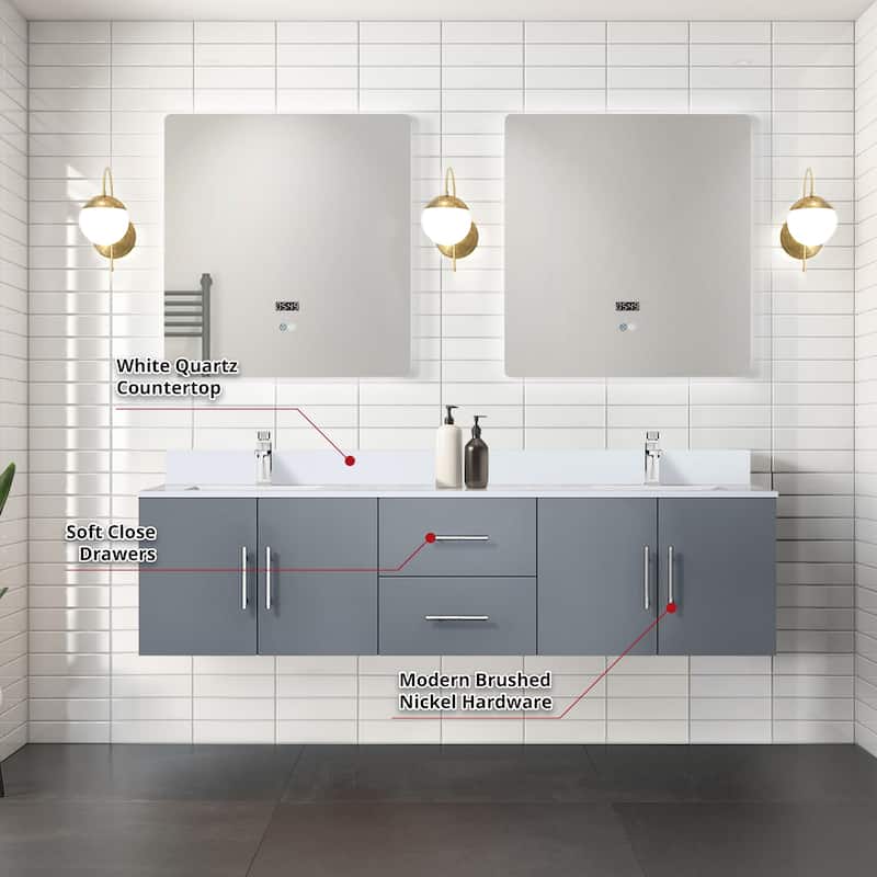 Geneva 72 in. W x 22 in. D Dark Grey Double Bath Vanity, White Quartz Top, and 30 in. LED Mirrors