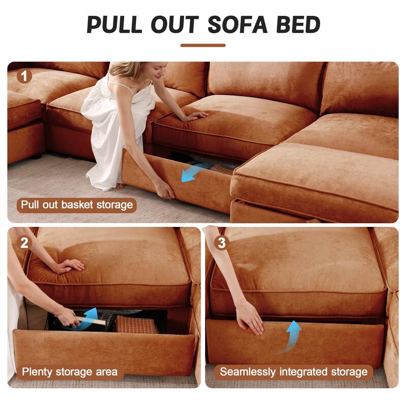 GDFStudio - Chenille U-Shaped 4-Seater 146.4" Modular Sofa with 2 Ottomans and Storage Drawers