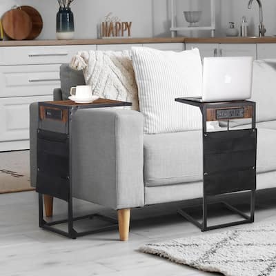 Set of 2 C Shaped End Table with Charging Station
