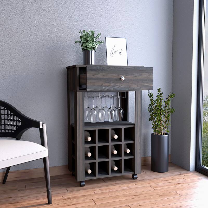 12-Bottle Wine Rack Bar Cart with Stemware Rack, Drawer, and Caster Wheels, Black Finish