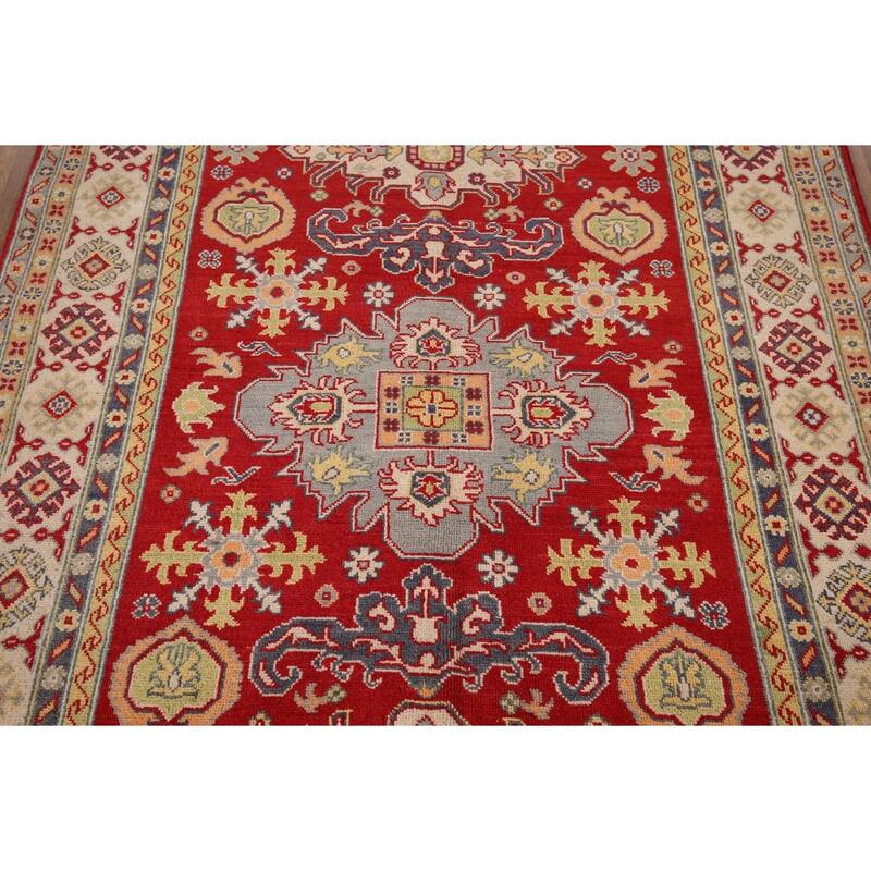 Red Geometric Kazak Area Rug Handmade Traditional Oriental Wool Carpet - 4'10" x 6'8"